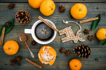 Christmas toys, coffee and Mandarin. Flat lay. Still life.