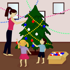 Mother and children decorate Christmas tree