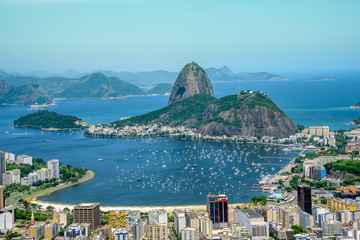 View from the bird's eye view on the Sugarloaf mountain, Botafogo bay with white sailing yachts and...