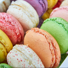 Colorful french macaroons in a box