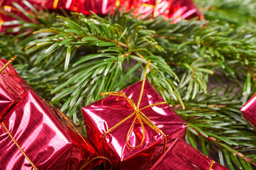 Christmas presents. Small gift boxes under the Christmas tree