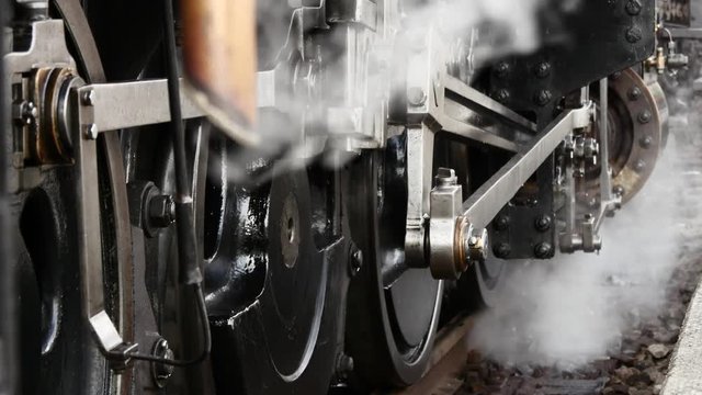close up of steam engine locomotive. old technology background.