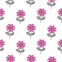Thin line pink flower vector seamless pattern. For fabric textile feminine prints and apparel.