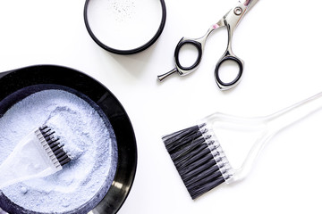 Tools for hair dye and hairdye top view white background