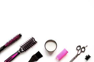 Tools for hair styling on white background top view