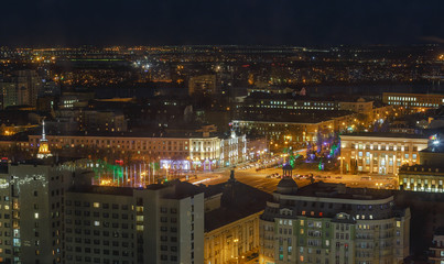 Fototapeta na wymiar mysterious dramatic night panorama cityscape view of Voronezh city. Modern city 