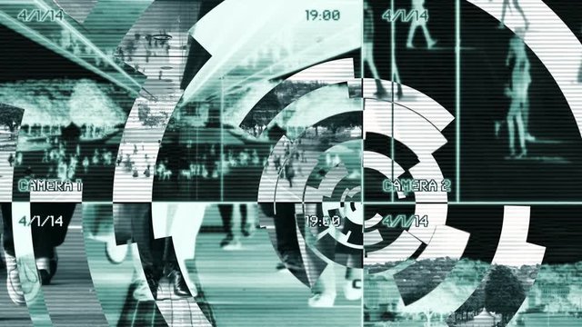split screen security camera view. observation of people in public place.