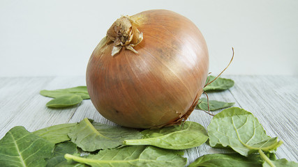 Onion surrounded by spinach and kale