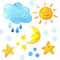 Weather watercolor pattern. Cute smiling sun, moon, star, drops, and cloud. Hand painted illustration.