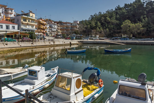 Panoramic view to the port of Limenaria, Thassos island, East Macedonia and Thrace, Greece  