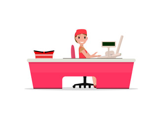 Vector cartoon girl sitting behind cash register