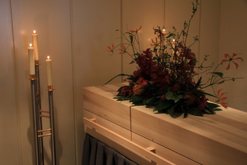 Wooden casket in funeral home