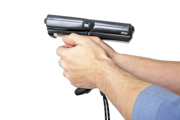 Man's hands holding a barcode scanner. The scanning device is directed to the left. Isolated on white background.