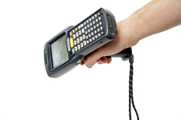 Man's hand holding a barcode scanner. The scanning device is directed downwards to the left. Isolated on white background.