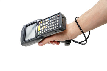 Man's hand holding a barcode scanner. The scanning device is directed downwards to the left. Isolated on white background.