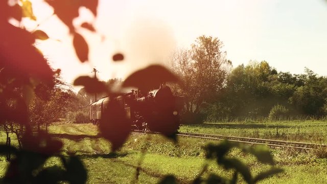 nostalgic steam engine train locomotive. retro vintage background.