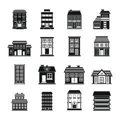 Buildings set in black flat style isolated on white background vector stock illustration