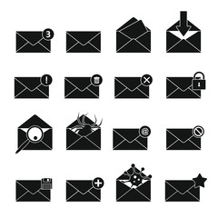 Letters mail set in black simlpe style isolated on white background vector stock illustration. Letters mail objects in black flat style elements for illustration, infographics, logos and banners.
