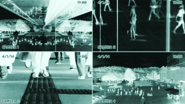 split screen security camera view. observation of people in public place.