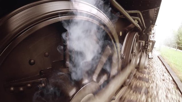 steel wheels close up. heave metal technology. locomotive background.
