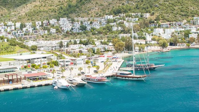 Bodrum Turkey Cruise Port with Sailboats and Yachts Anchored in Blue Aegean Sea Water