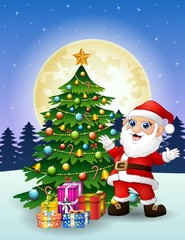 Santa claus with christmas tree and gift boxes at night full moon background  