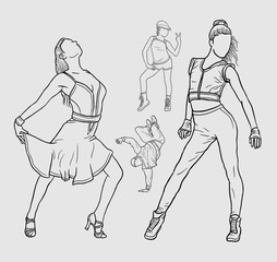 Male and female dancers line art drawing style. Good use for symbol, logo, web icon, mascot, sign, sticker, or any design you want.