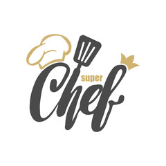 Chef logo. Lettering Hand lettering with a cap chef. Symbol icon logo design.
