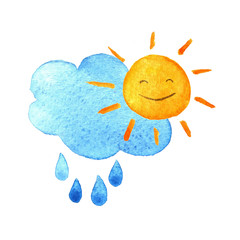 Weather watercolor icon. Cute smiling sun, drops and cloud. Hand painted illustration.