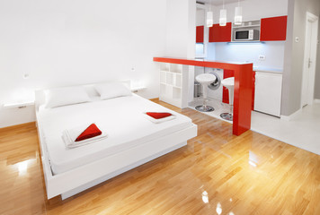 Modern studio flat or hotel room in red