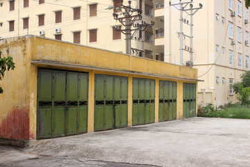 Yellow and green garage industrial building