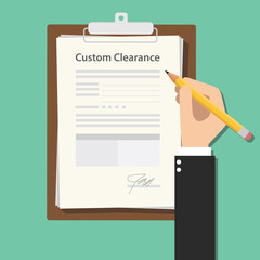 custom clearance hand signing a paper document work on clipboard - obrazy, fototapety, plakaty