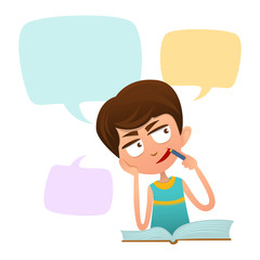 Cute boy clever thought. The child is sitting with a book and over it speech clouds.