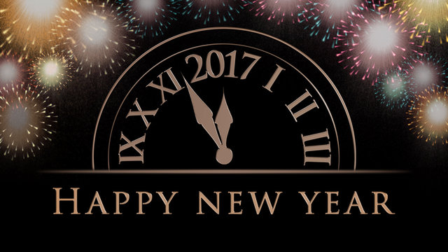 New Year's eve illustration, card with clock, colorful fireworks and golden Happy New Year text on black background 