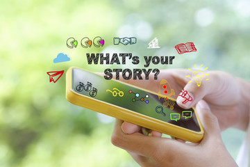 what's your story over a smart phone on blur background , busine