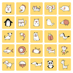 Animal cartoon doodle on yellow background