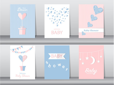 Set of baby shower invitations cards,poster,greeting,template,hearts,Vector illustrations