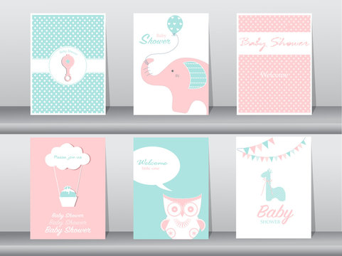 Set of greeting and invitation card, birthday, holiday, Animals, owl, elephant, giraffe, and duck. cartoon, vector illustration.