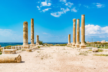 Al Mina archaeological site in Tyre, Lebanon. It is located about 80 km south of Beirut and has led to its designation as a UNESCO World Heritage Site in 1984.