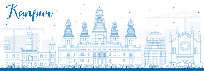 Outline Kanpur Skyline with Blue Buildings.