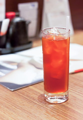 Lemon iced tea on the table in the restaurant.