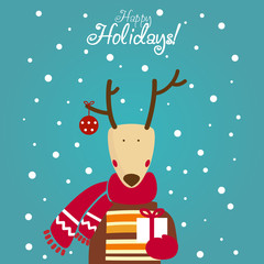 Cute winter holiday card with reindeer and gift box