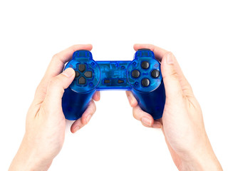 Hand holding video game controller on white background