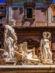 Beautiful sculpture of the famous fountain of shame on baroque Piazza Pretoria, Palermo, Sicily,...