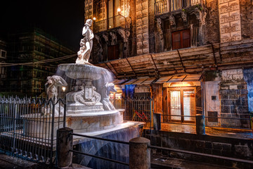 Night view of the Piazza del Duomo with the sculptural fountain in Catania, Sicily, Italy.