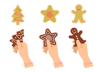 Female hands hold traditional xmas cookies symbols: gingerbread, tree, star. Flat illustration of christmas winter holiday sweet baked treats. Isolated on white background vector design elements.