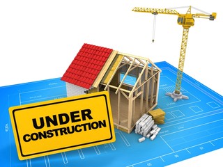 3d illustration of frame house construction over blueprint background with crane