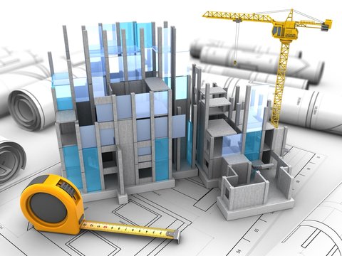 3d illustration of building construction over drawings background with crane
