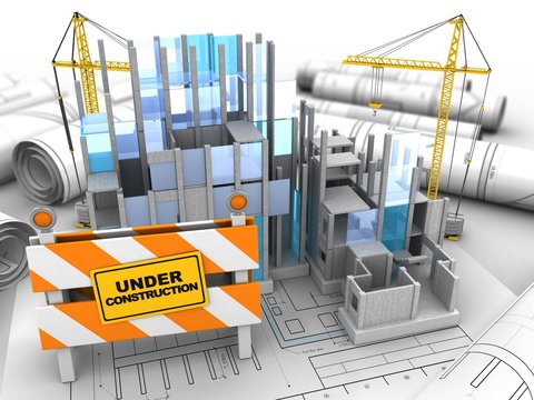 3d illustration of building construction over drawing rolls background with cranes
