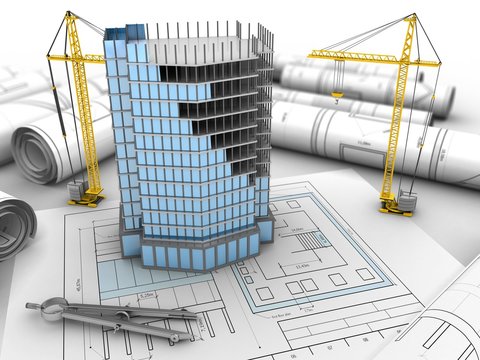 3d illustration of city building over drawing rolls background with cranes